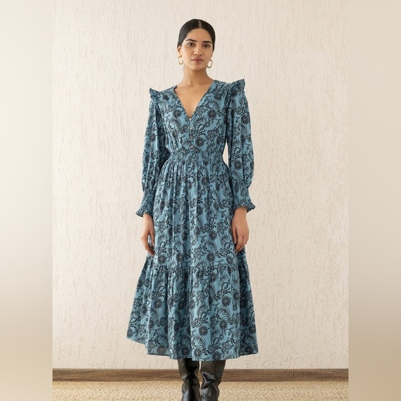 NWT Banjanan Bristol Pearl Midi Dress Women's XL Turquoise Pockets Long Sleeve - Picture 1 of 16